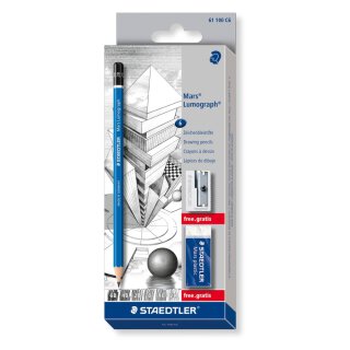 Staedtler Mars® Lumograph® 100 Set mit 6 Bleistiften (2H, HB, B, 2B, 4B, 6B), Radierer und Spitzer